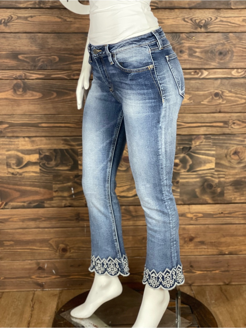 Miss Me | Luxe Crop Boot Cut Medium Wash Embroidered Scalloped Hem Denim Jeans